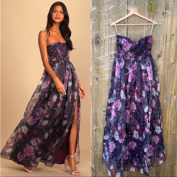 Lulus Dresses & Skirts - Purple Floral Strapless Bustier Chiffon Organza Maxi Dress 🌿